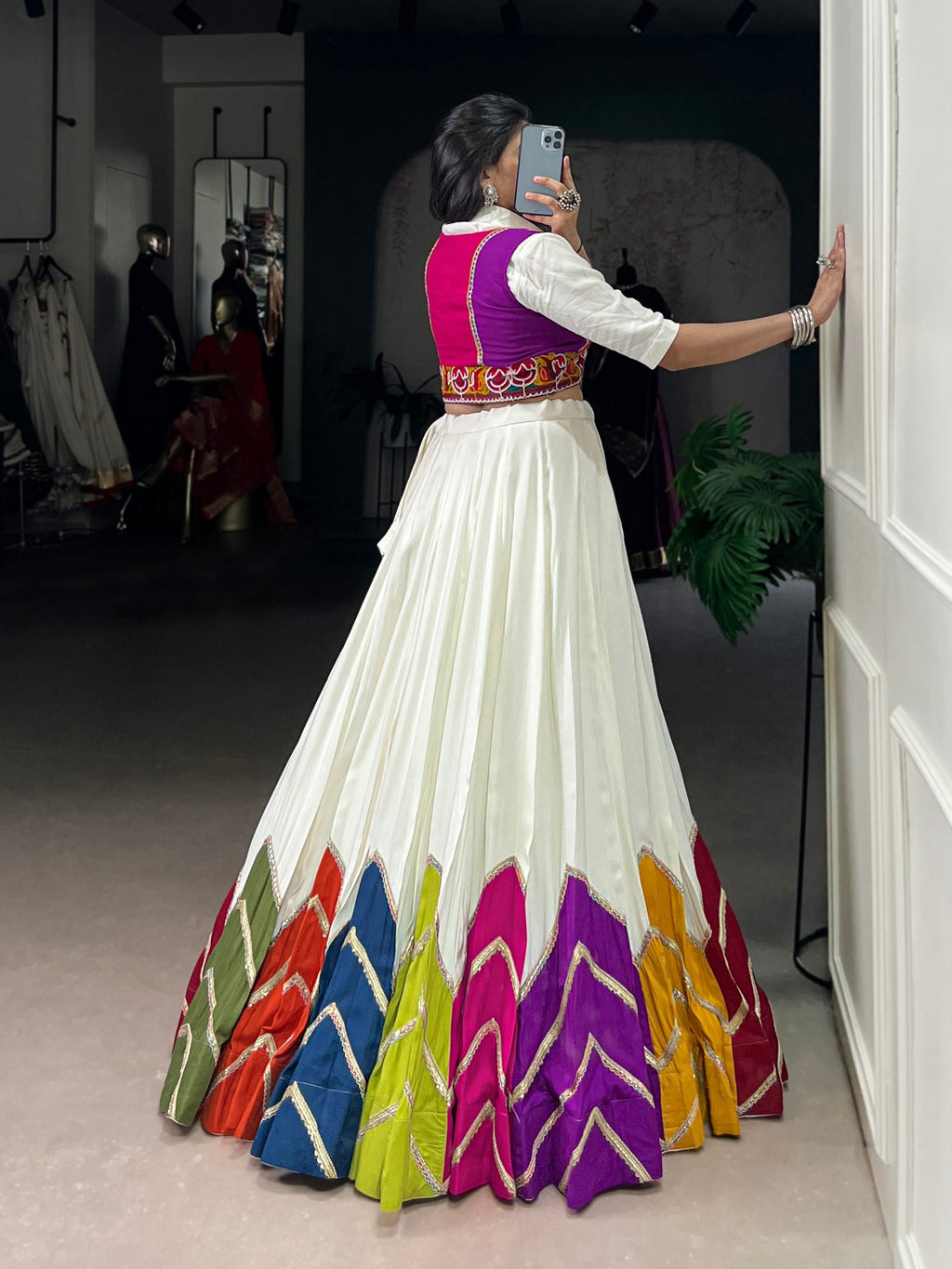 Lorenvalley Fashion White Rayon Multi Colour Patch With Lace Touch Up Lehenga Choli with Koti