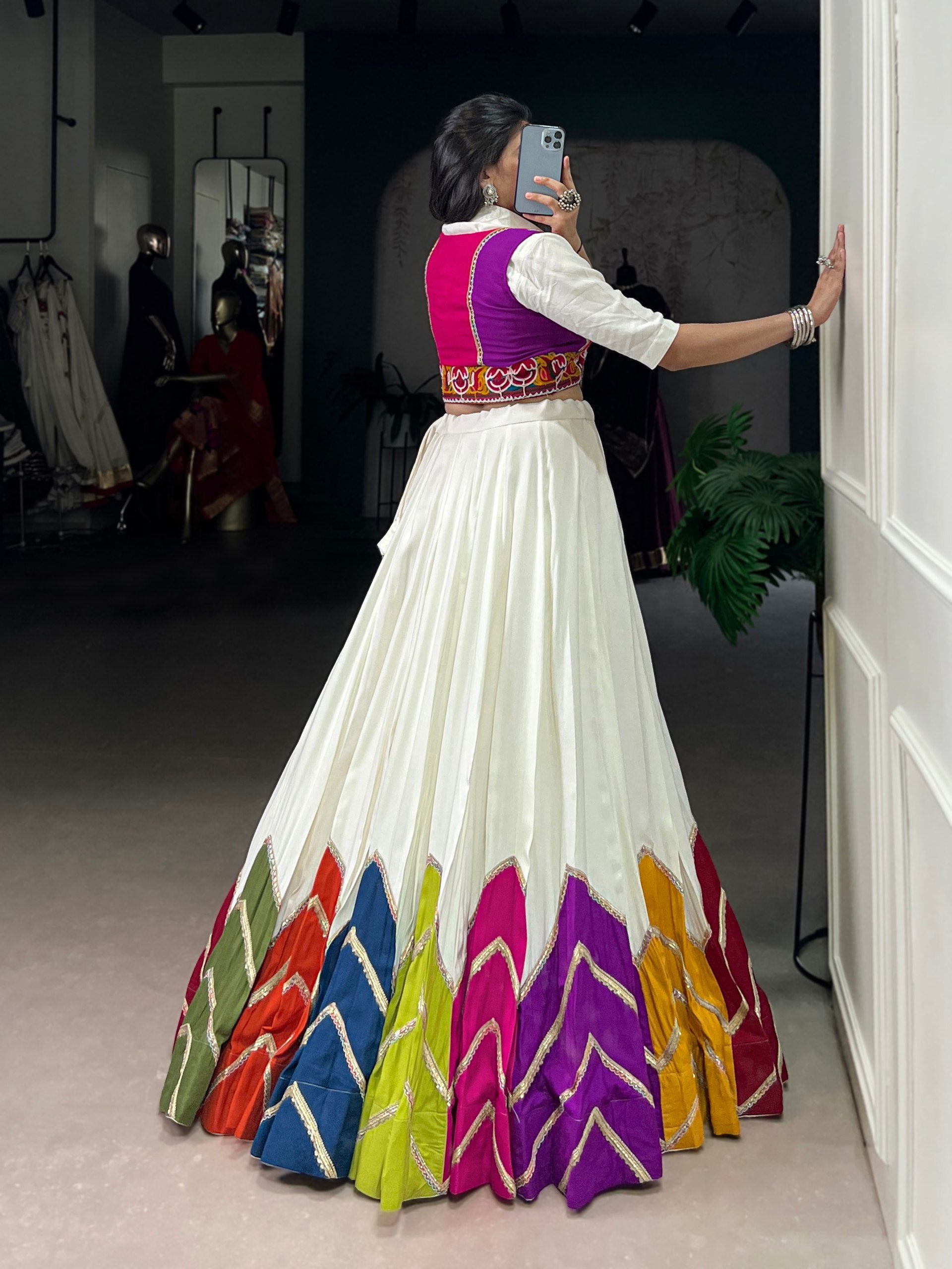 Lorenvalley Fashion White Rayon Multi Colour Patch With Lace Touch Up Lehenga Choli with Koti