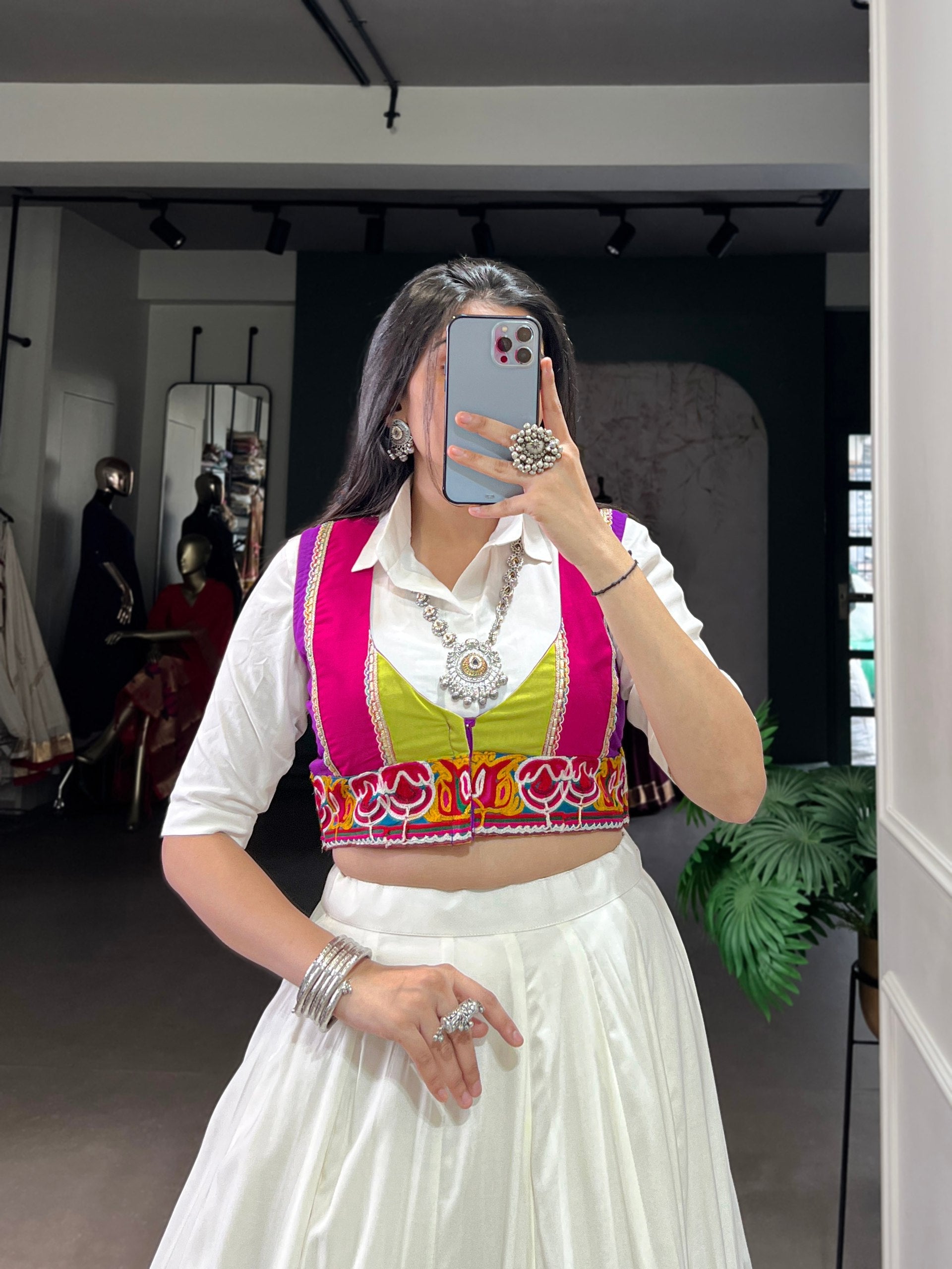 Lorenvalley Fashion White Rayon Multi Colour Patch With Lace Touch Up Lehenga Choli with Koti