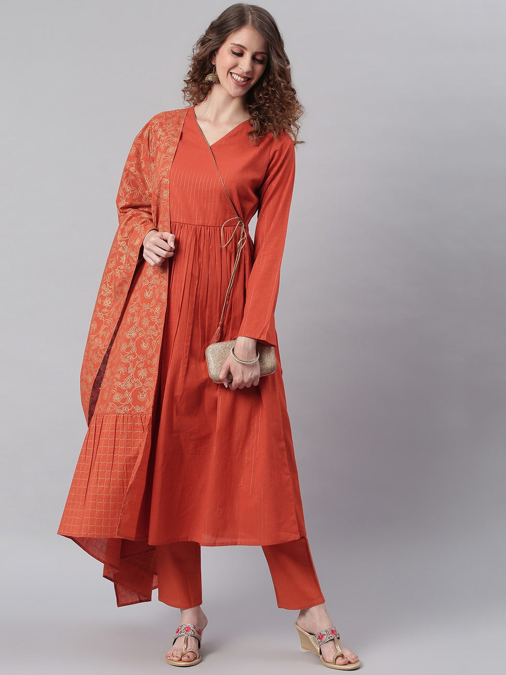 Janasya Orange Angrakha Pure Cotton Kurta with Trousers & Dupatta - Distacart