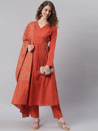 Janasya Orange Angrakha Pure Cotton Kurta with Trousers & Dupatta - Distacart