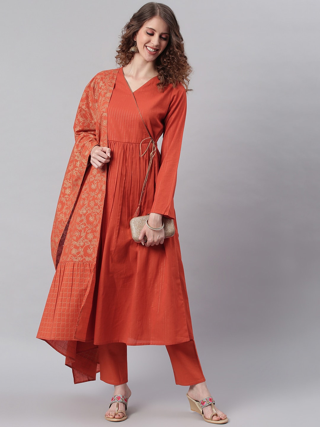 Janasya Orange Angrakha Pure Cotton Kurta with Trousers & Dupatta - Distacart