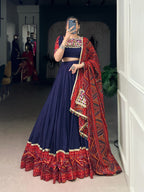 Lorenvalley Fashion Navyblue Pure Rayon Bandhej Print and Foil Work with Lace Touch Up Lehenga Choli with Dupatta