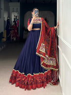 Lorenvalley Fashion Navyblue Pure Rayon Bandhej Print and Foil Work with Lace Touch Up Lehenga Choli with Dupatta