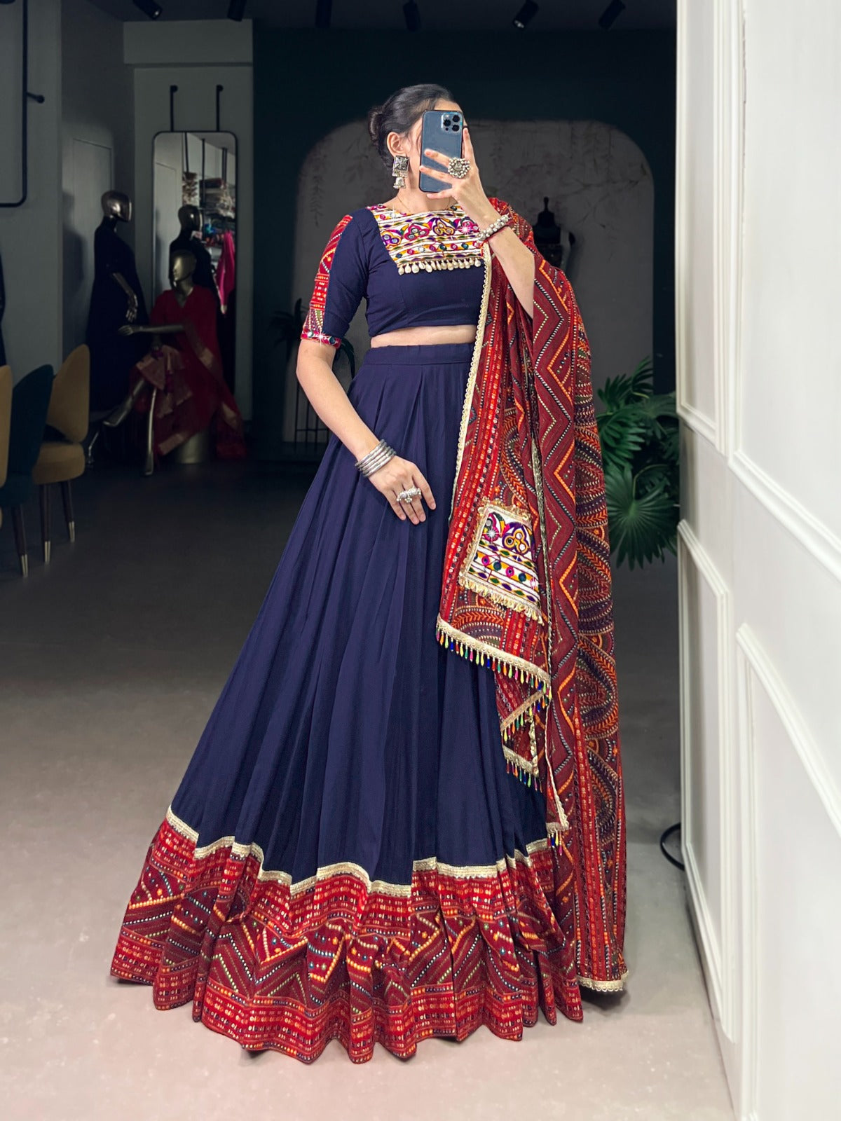 Lorenvalley Fashion Navyblue Pure Rayon Bandhej Print and Foil Work with Lace Touch Up Lehenga Choli with Dupatta