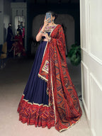 Lorenvalley Fashion Navyblue Pure Rayon Bandhej Print and Foil Work with Lace Touch Up Lehenga Choli with Dupatta