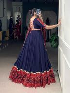 Lorenvalley Fashion Navyblue Pure Rayon Bandhej Print and Foil Work with Lace Touch Up Lehenga Choli with Dupatta