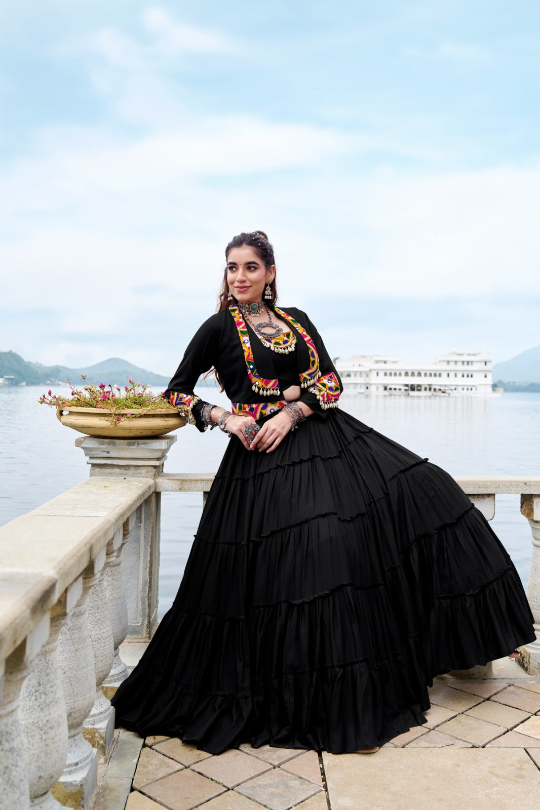 Lorenvalley Fashion Black Pure Rayon Plain Frill Lehenga Choli with Koti