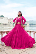 Lorenvalley Fashion Pink Pure Rayon Plain Frill Lehenga Choli with Koti