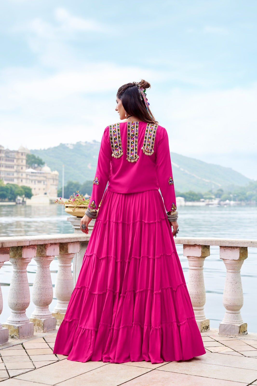 Lorenvalley Fashion Pink Pure Rayon Plain Frill Lehenga Choli with Koti