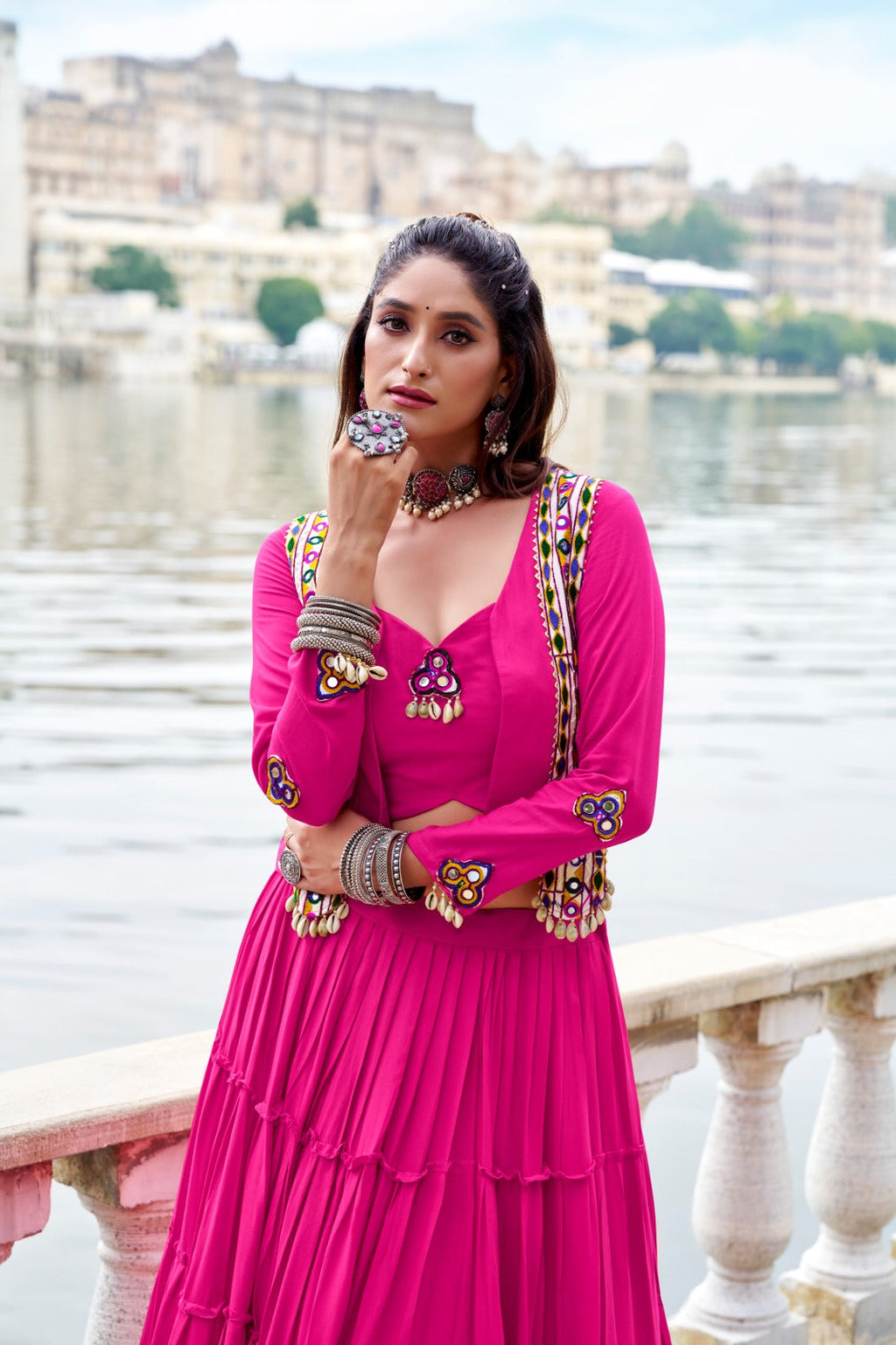 Lorenvalley Fashion Pink Pure Rayon Plain Frill Lehenga Choli with Koti