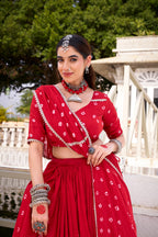 Lorenvalley Fashion Red Pure Chanderi Bandhej Print With Lace Touch Up Lehenga Choli with Dupatta
