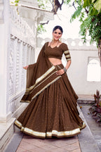 Lorenvalley Fashion Brown Pure Chanderi Zari Weaving Work With Embossed Design Lace Touch Up Lehenga Choli with Dupatta
