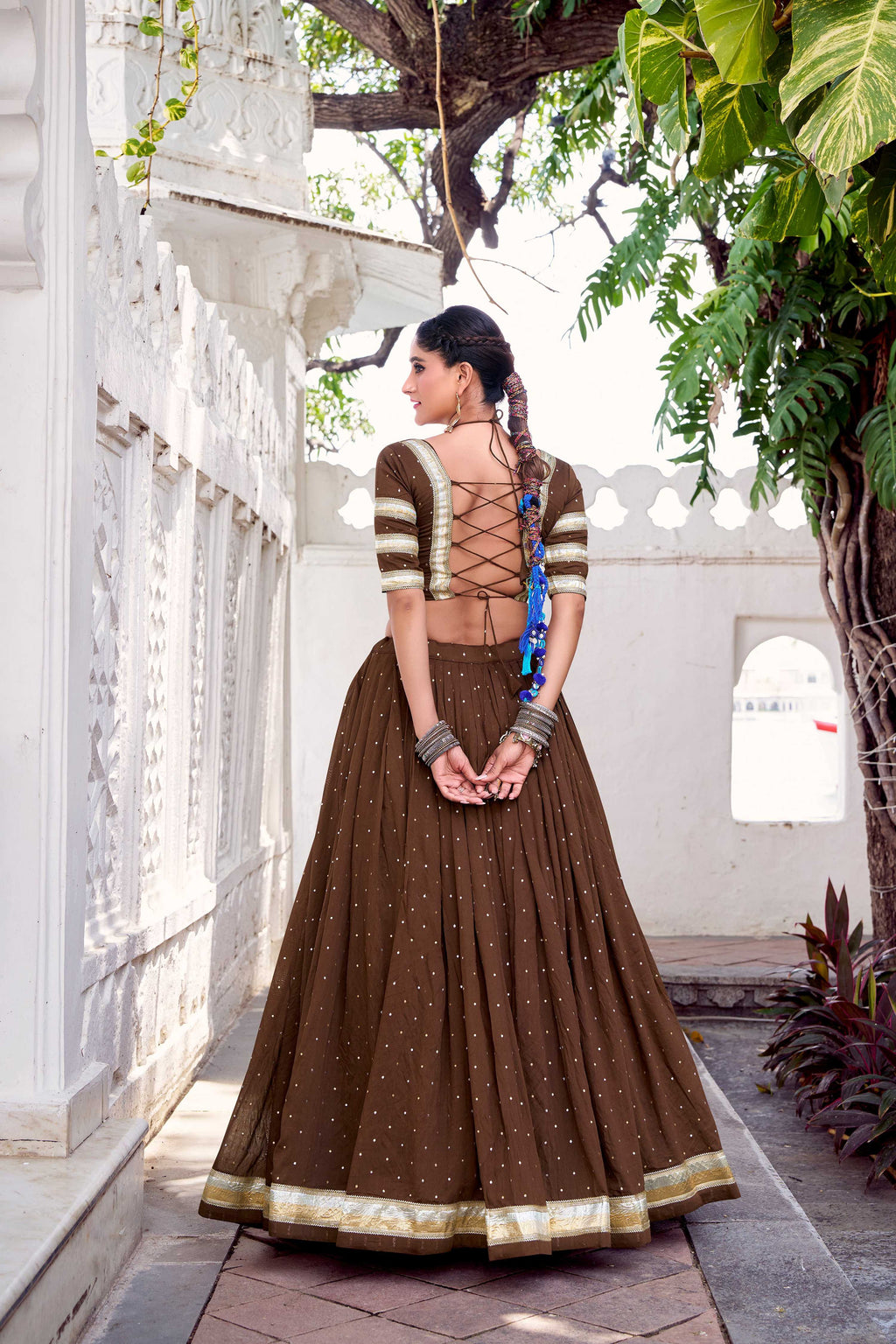 Lorenvalley Fashion Brown Pure Chanderi Zari Weaving Work With Embossed Design Lace Touch Up Lehenga Choli with Dupatta