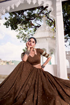 Lorenvalley Fashion Brown Pure Chanderi Zari Weaving Work With Embossed Design Lace Touch Up Lehenga Choli with Dupatta