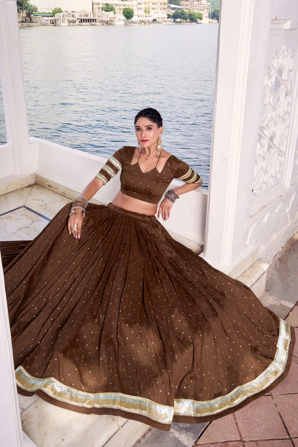 Lorenvalley Fashion Brown Pure Chanderi Zari Weaving Work With Embossed Design Lace Touch Up Lehenga Choli with Dupatta
