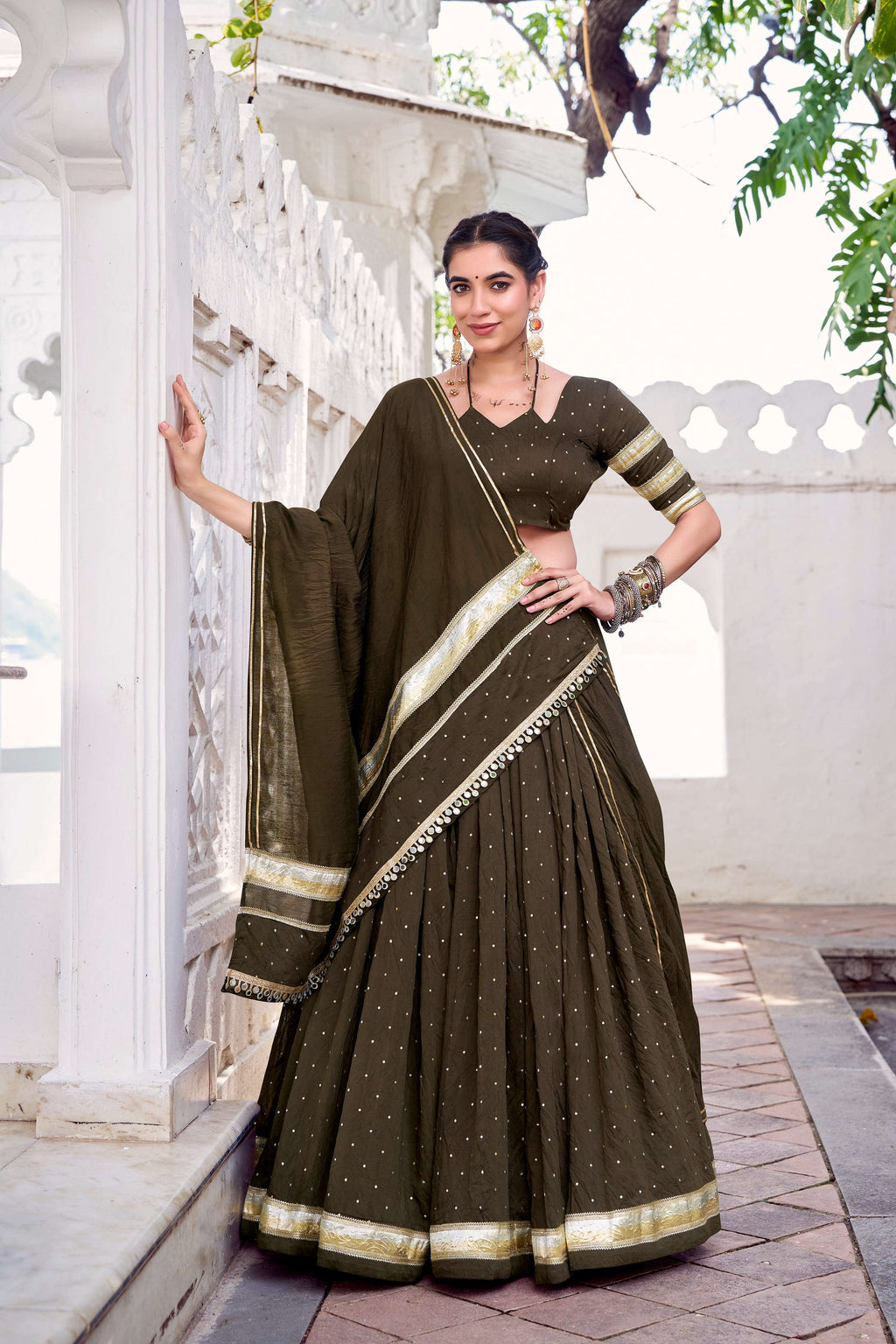 Lorenvalley Fashion Mahendi Pure Chanderi Zari Weaving Work With Embossed Design Lace Touch Up Lehenga Choli with Dupatta
