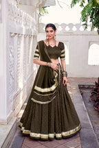 Lorenvalley Fashion Mahendi Pure Chanderi Zari Weaving Work With Embossed Design Lace Touch Up Lehenga Choli with Dupatta