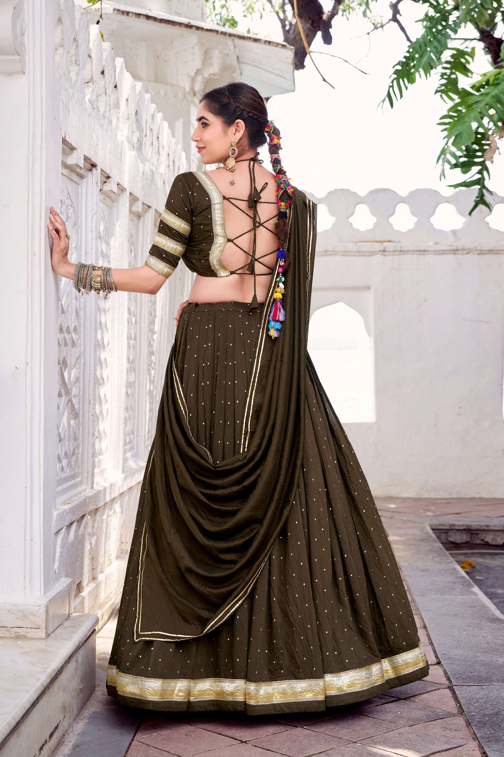 Lorenvalley Fashion Mahendi Pure Chanderi Zari Weaving Work With Embossed Design Lace Touch Up Lehenga Choli with Dupatta