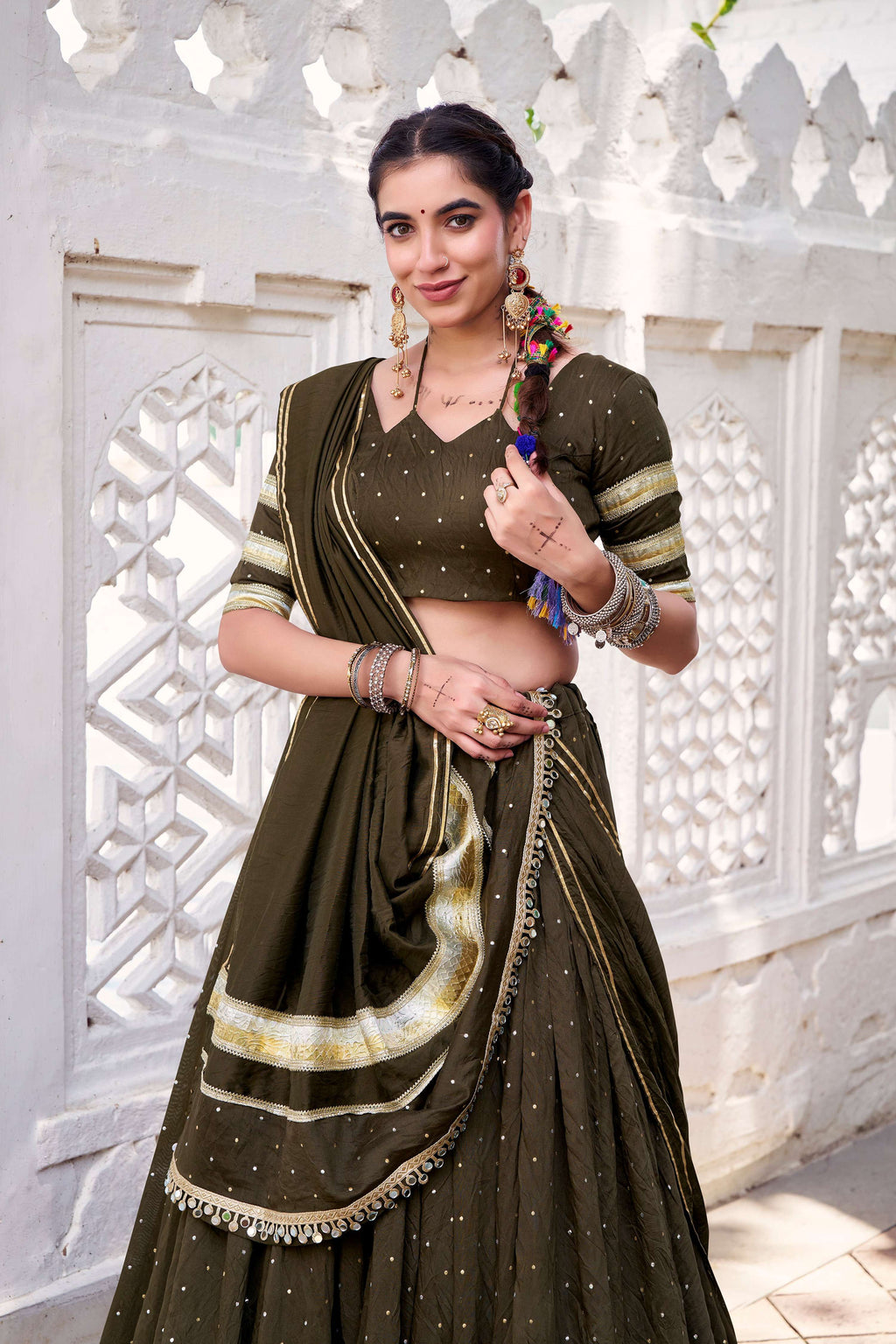 Lorenvalley Fashion Mahendi Pure Chanderi Zari Weaving Work With Embossed Design Lace Touch Up Lehenga Choli with Dupatta