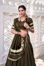 Lorenvalley Fashion Mahendi Pure Chanderi Zari Weaving Work With Embossed Design Lace Touch Up Lehenga Choli with Dupatta