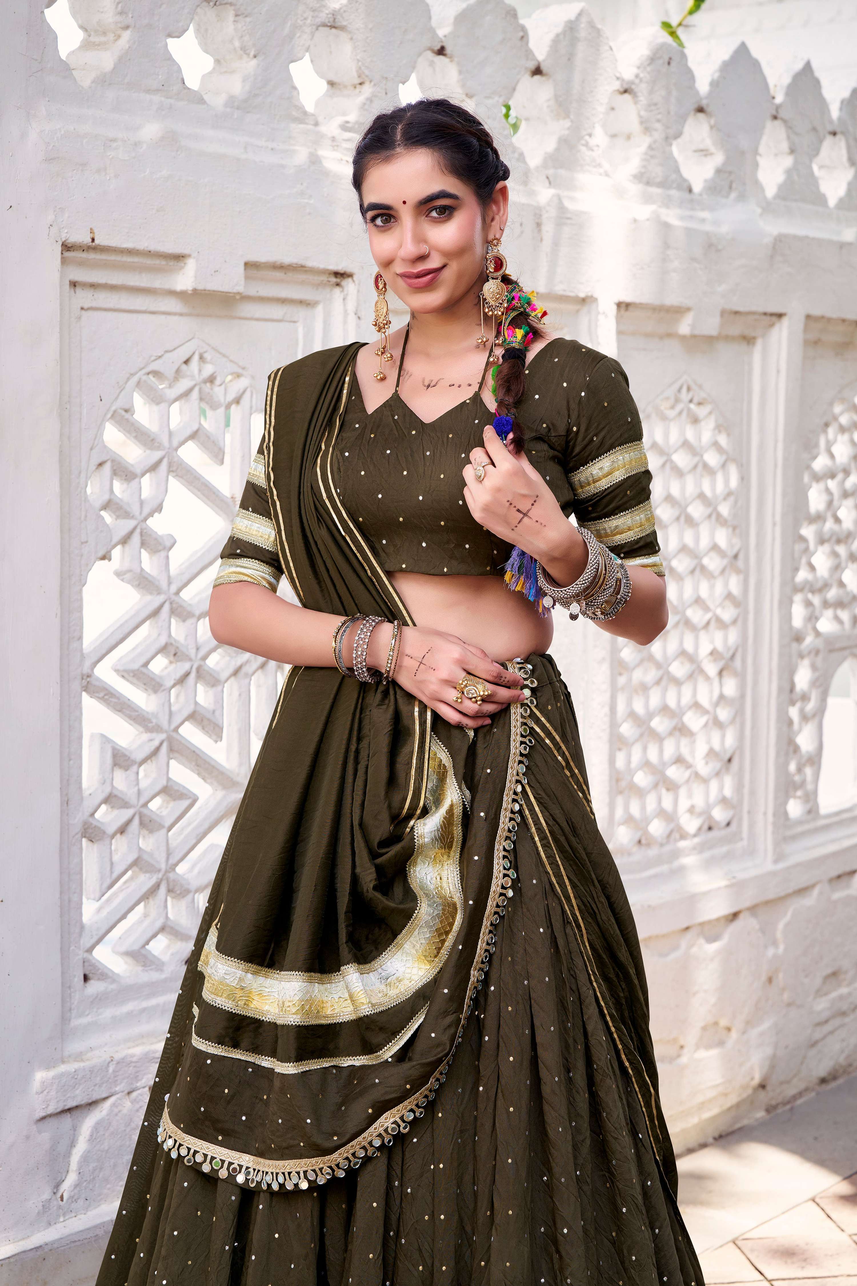 Lorenvalley Fashion Mahendi Pure Chanderi Zari Weaving Work With Embossed Design Lace Touch Up Lehenga Choli with Dupatta