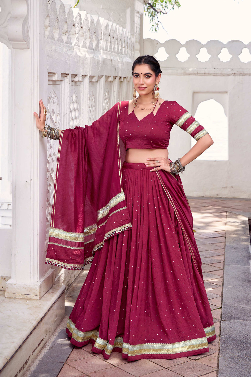 Lorenvalley Fashion Maroon Pure Chanderi Zari Weaving Work With Embossed Design Lace Touch Up Lehenga Choli with Dupatta