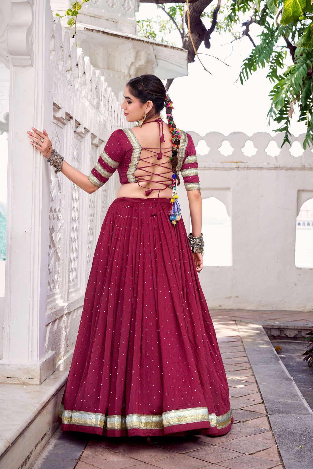 Lorenvalley Fashion Maroon Pure Chanderi Zari Weaving Work With Embossed Design Lace Touch Up Lehenga Choli with Dupatta