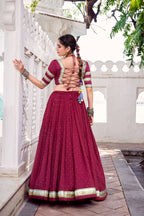 Lorenvalley Fashion Maroon Pure Chanderi Zari Weaving Work With Embossed Design Lace Touch Up Lehenga Choli with Dupatta