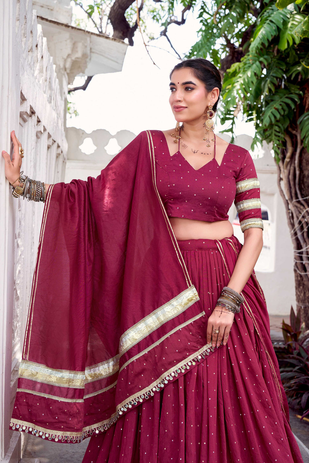 Lorenvalley Fashion Maroon Pure Chanderi Zari Weaving Work With Embossed Design Lace Touch Up Lehenga Choli with Dupatta