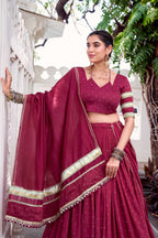 Lorenvalley Fashion Maroon Pure Chanderi Zari Weaving Work With Embossed Design Lace Touch Up Lehenga Choli with Dupatta
