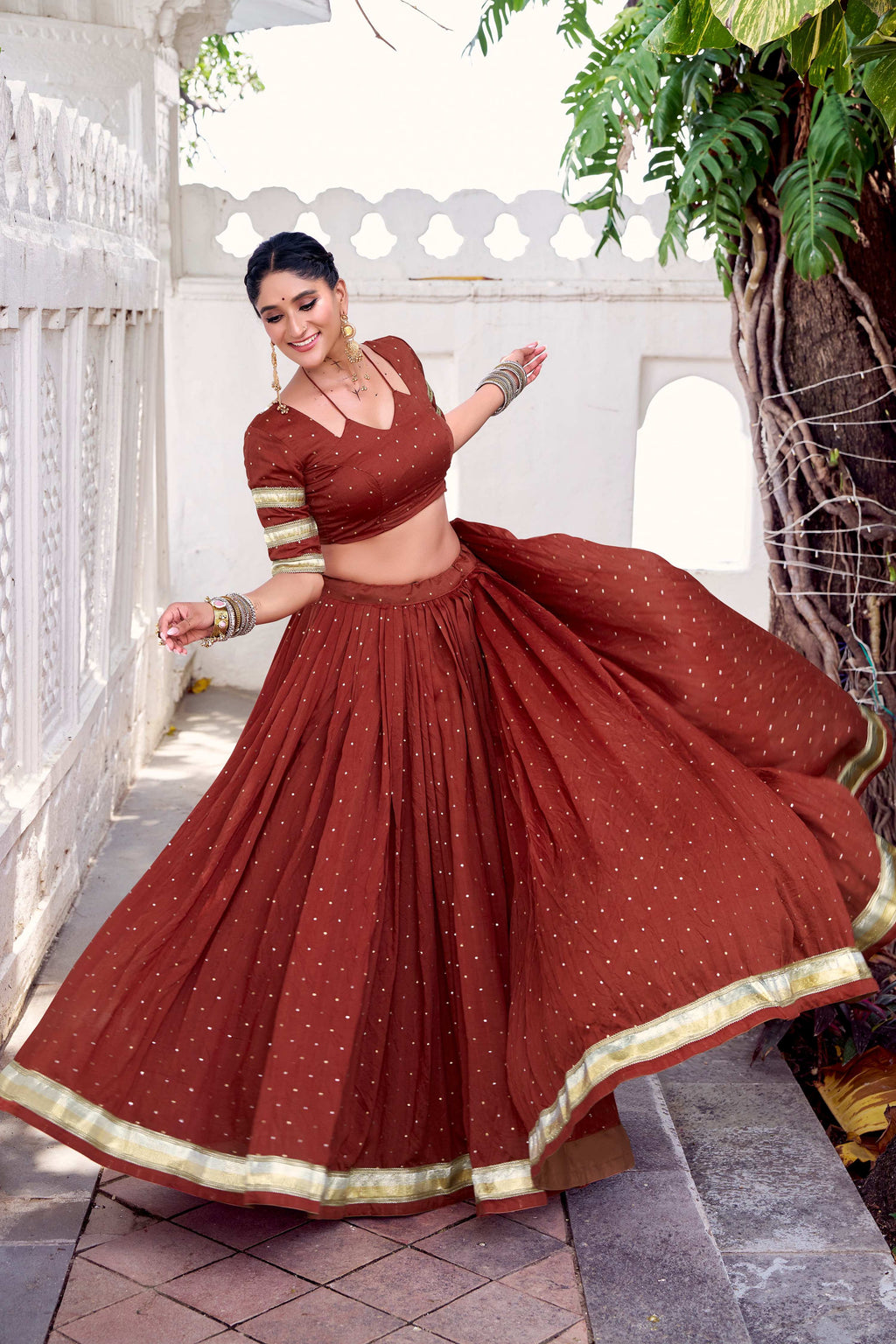 Lorenvalley Fashion Rosegold Pure Chanderi Zari Weaving Work With Embossed Design Lace Touch Up Lehenga Choli with Dupatta
