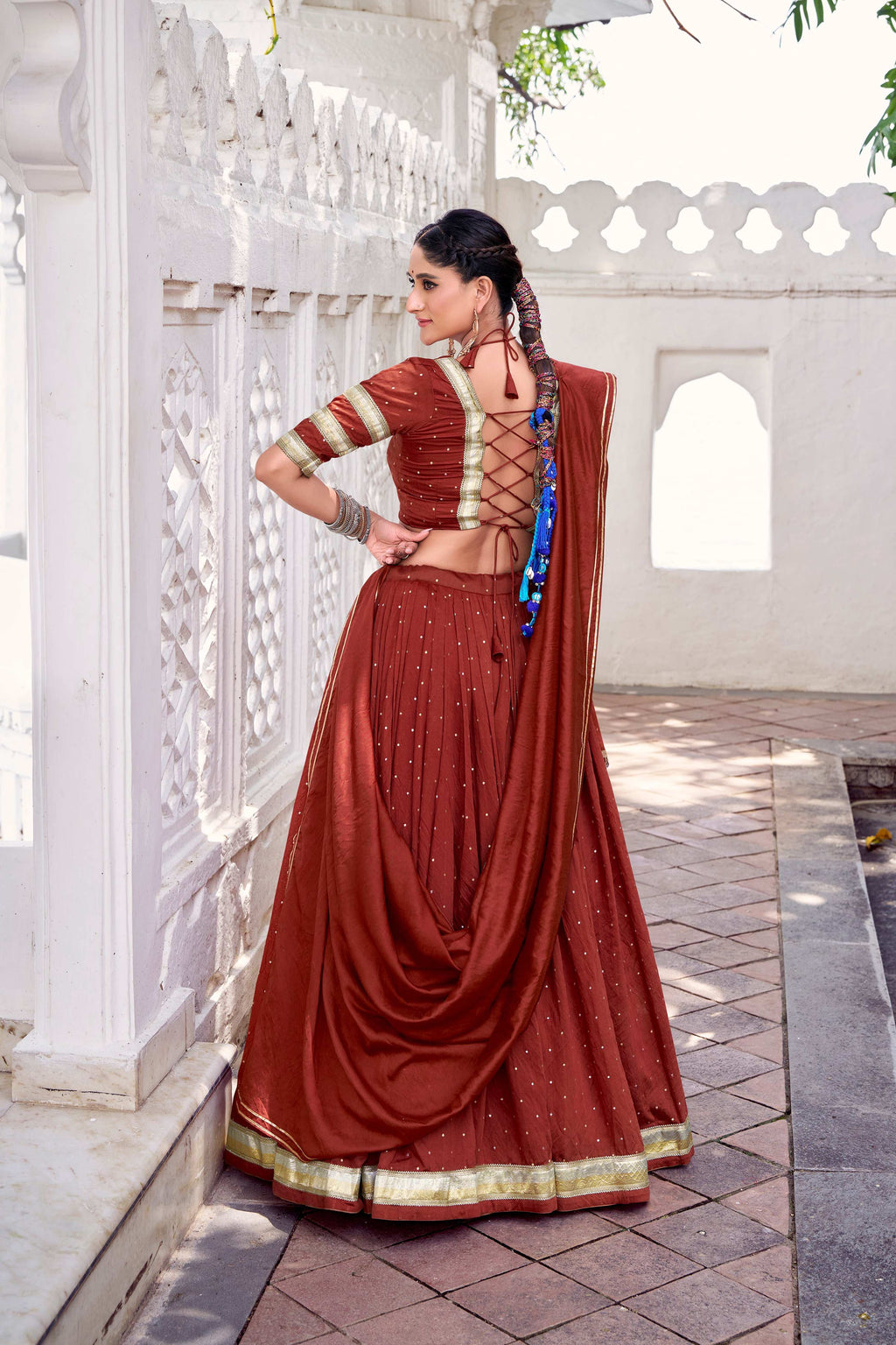 Lorenvalley Fashion Rosegold Pure Chanderi Zari Weaving Work With Embossed Design Lace Touch Up Lehenga Choli with Dupatta