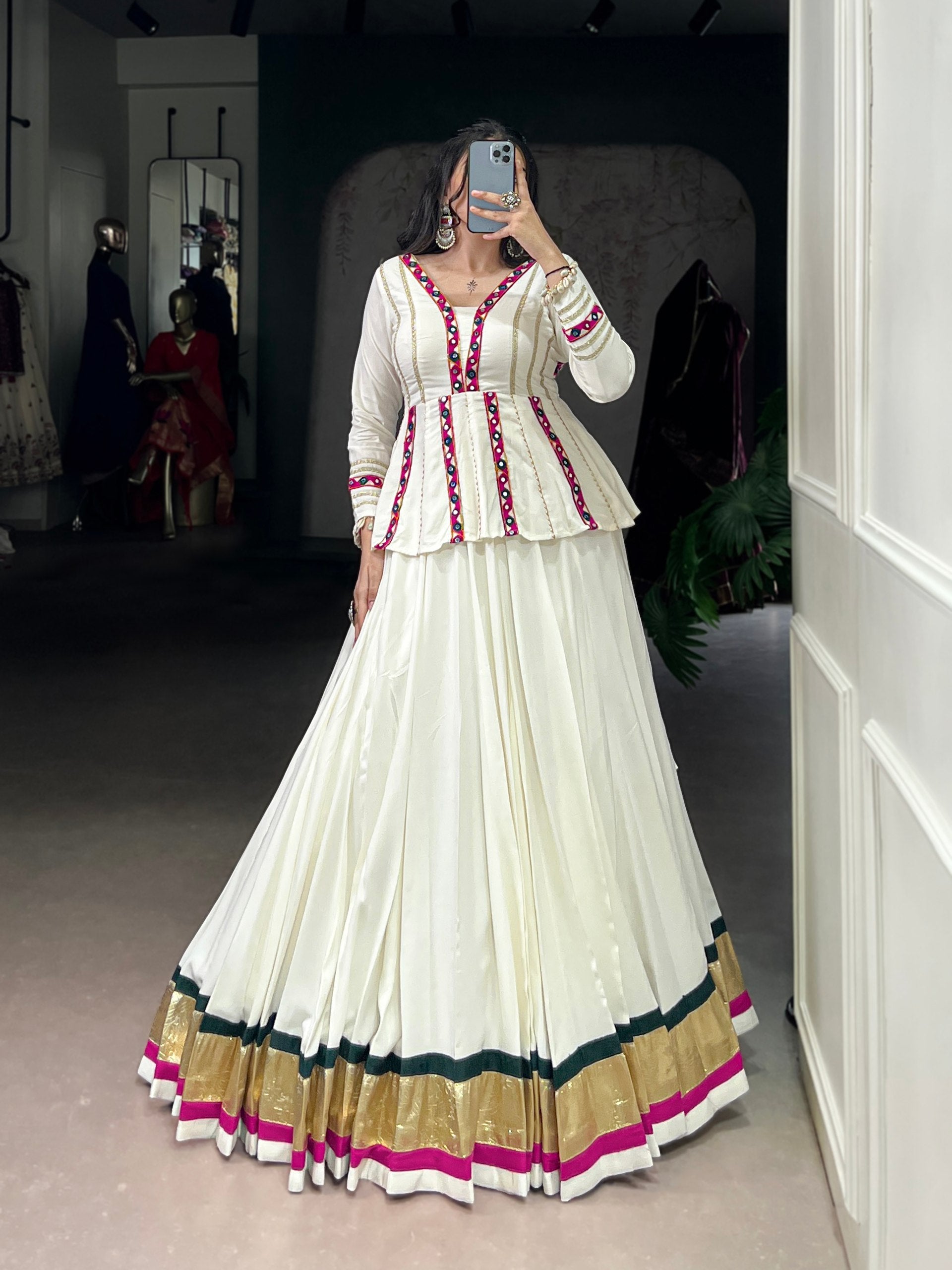 Lorenvalley Fashion White Pure Rayon Embossed Design Lace Touch up Lehenga Choli