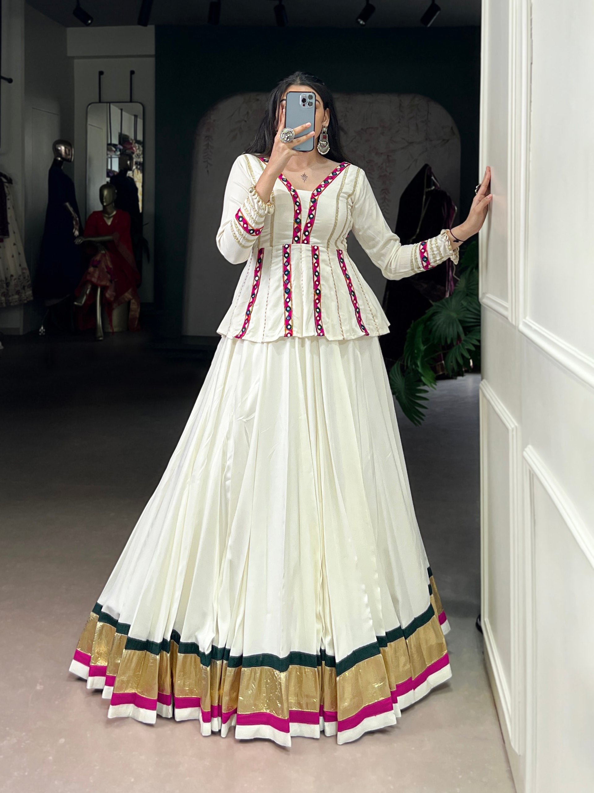 Lorenvalley Fashion White Pure Rayon Embossed Design Lace Touch up Lehenga Choli