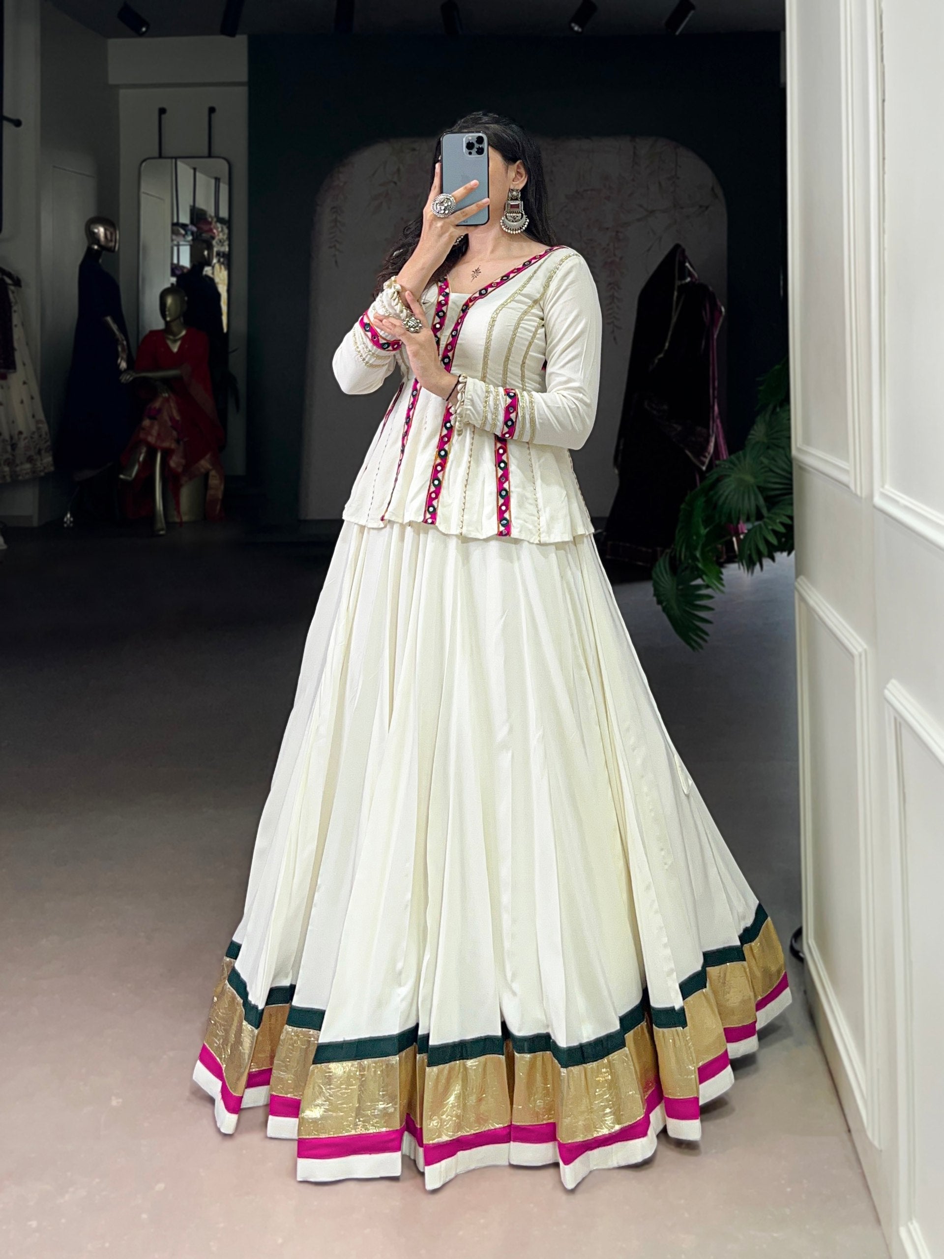 Lorenvalley Fashion White Pure Rayon Embossed Design Lace Touch up Lehenga Choli