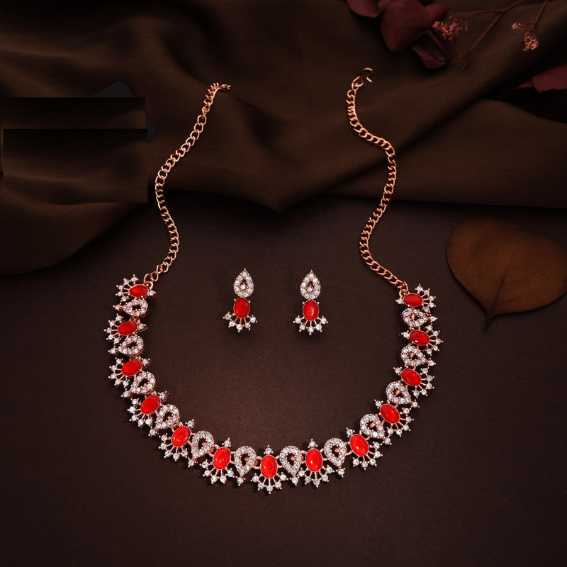 Tehzeeb Creations Red Colour Ad Studded Necklace Jewellery Set With Matching Earrings For Women And Girls