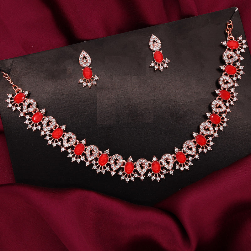 Tehzeeb Creations Red Colour Ad Studded Necklace Jewellery Set With Matching Earrings For Women And Girls