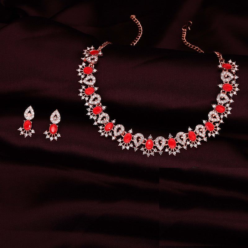 Tehzeeb Creations Red Colour Ad Studded Necklace Jewellery Set With Matching Earrings For Women And Girls