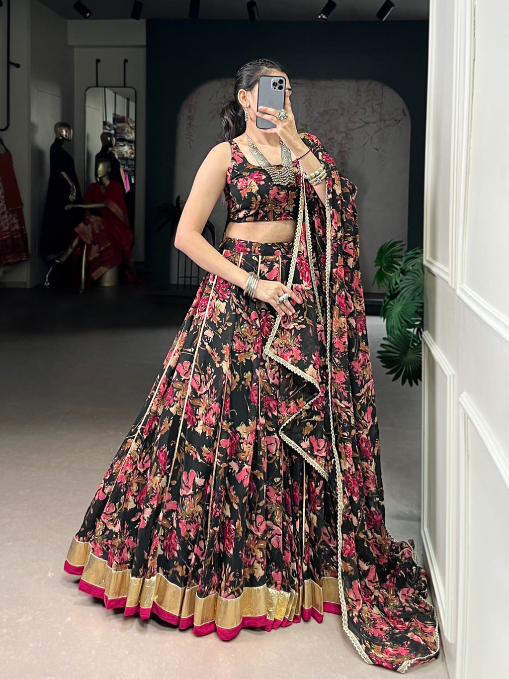 Lorenvalley Fashion Black Chiffon Floral Print and Foil Print with Embossed Design with Gotta Patti Lace Touch Up Lehenga Choli with Dupatta