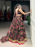 Lorenvalley Fashion Black Chiffon Floral Print and Foil Print with Embossed Design with Gotta Patti Lace Touch Up Lehenga Choli with Dupatta