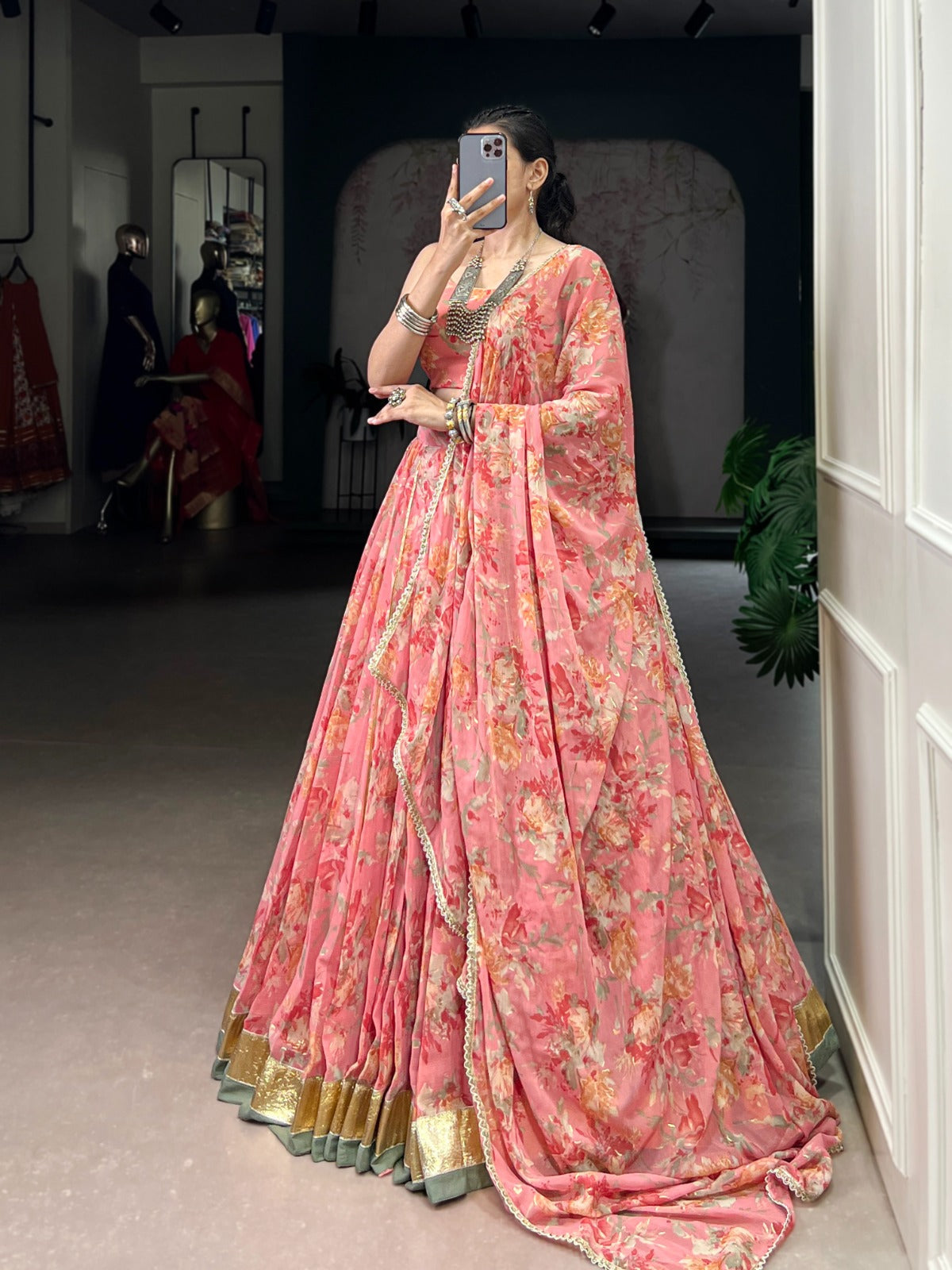 Lorenvalley Fashion Peach Chiffon Floral Print and Foil Print with Embossed Design with Gotta Patti Lace Touch Up Lehenga Choli with Dupatta