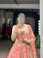 Lorenvalley Fashion Peach Chiffon Floral Print and Foil Print with Embossed Design with Gotta Patti Lace Touch Up Lehenga Choli with Dupatta