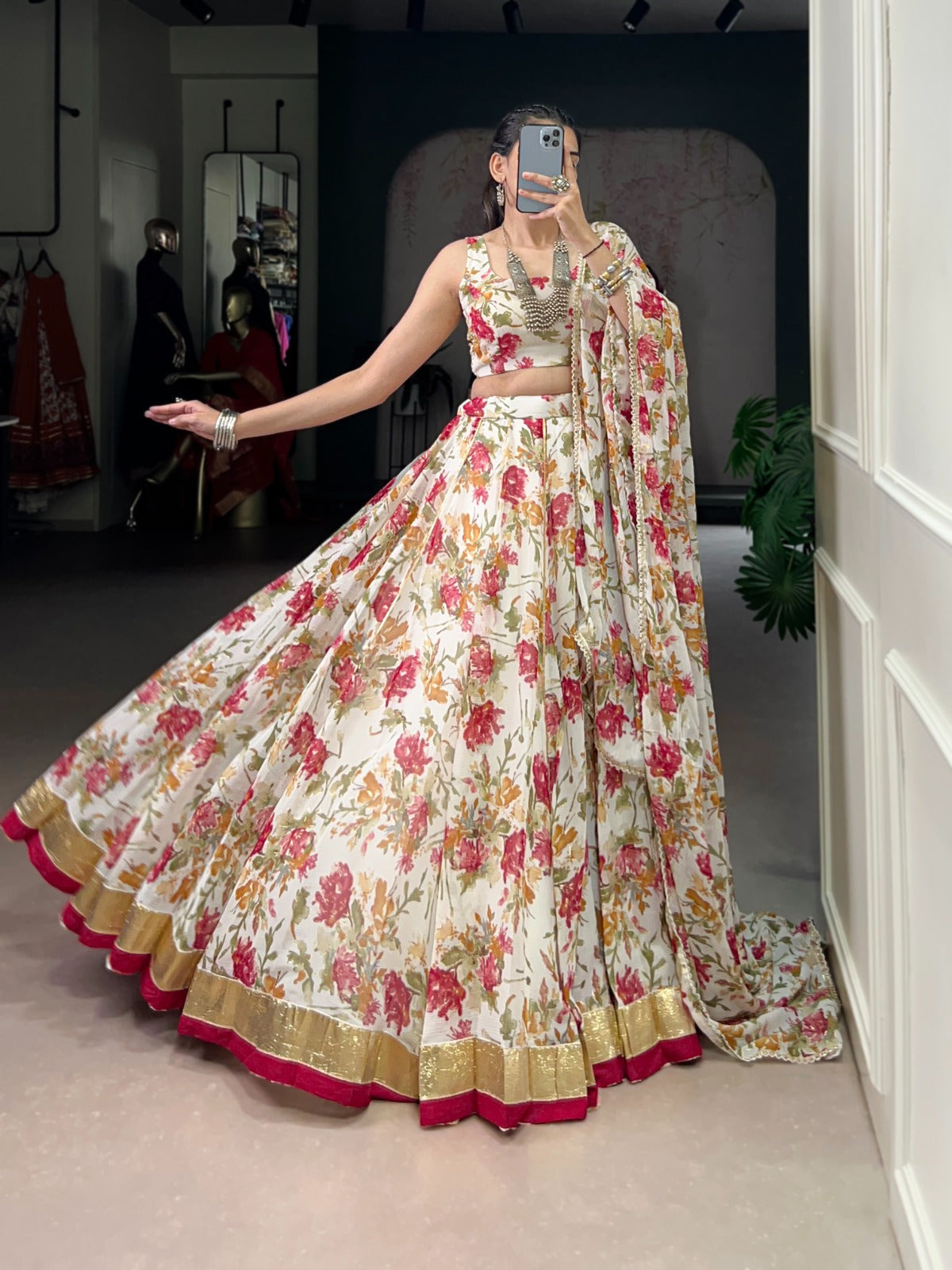 Lorenvalley Fashion White Chiffon Floral Print and Foil Print with Embossed Design with Gotta Patti Lace Touch Up Lehenga Choli with Dupatta