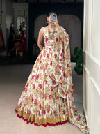 Lorenvalley Fashion White Chiffon Floral Print and Foil Print with Embossed Design with Gotta Patti Lace Touch Up Lehenga Choli with Dupatta