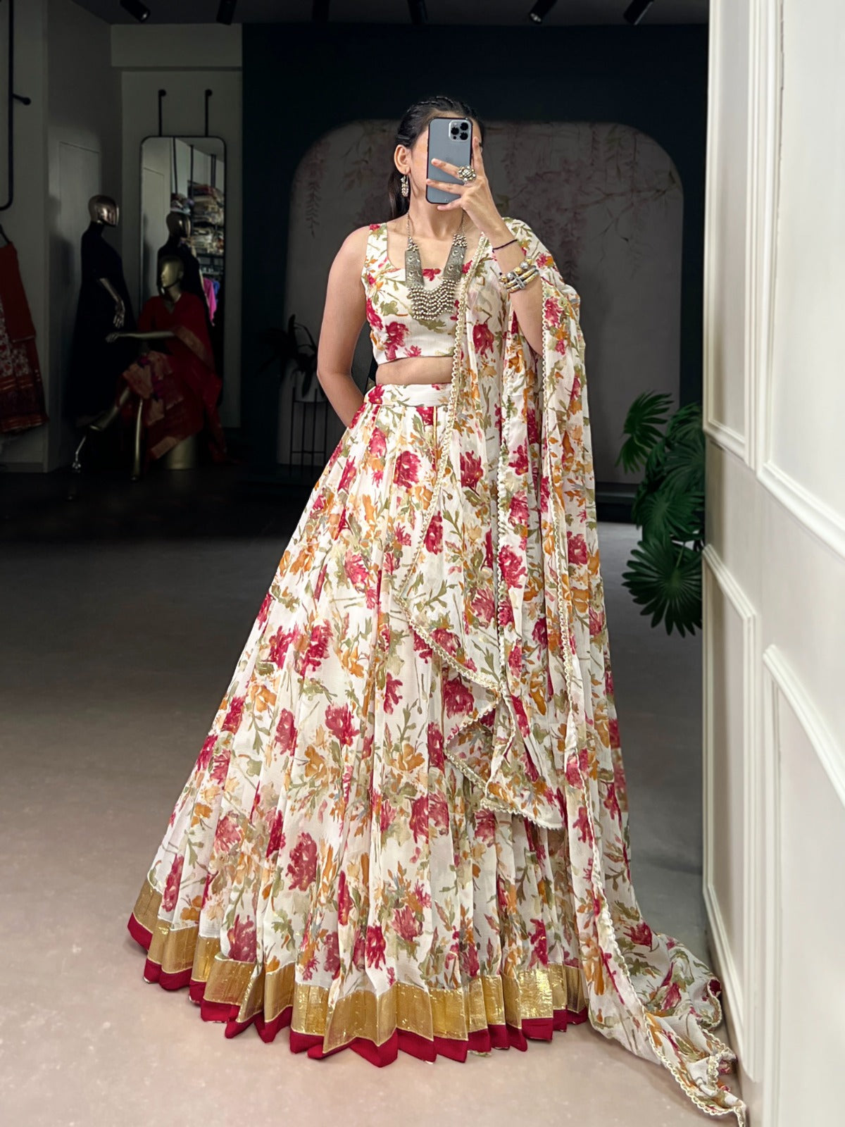 Lorenvalley Fashion White Chiffon Floral Print and Foil Print with Embossed Design with Gotta Patti Lace Touch Up Lehenga Choli with Dupatta