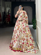 Lorenvalley Fashion White Chiffon Floral Print and Foil Print with Embossed Design with Gotta Patti Lace Touch Up Lehenga Choli with Dupatta