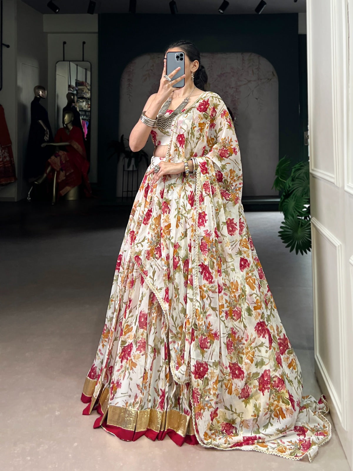 Lorenvalley Fashion White Chiffon Floral Print and Foil Print with Embossed Design with Gotta Patti Lace Touch Up Lehenga Choli with Dupatta