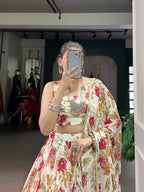 Lorenvalley Fashion White Chiffon Floral Print and Foil Print with Embossed Design with Gotta Patti Lace Touch Up Lehenga Choli with Dupatta