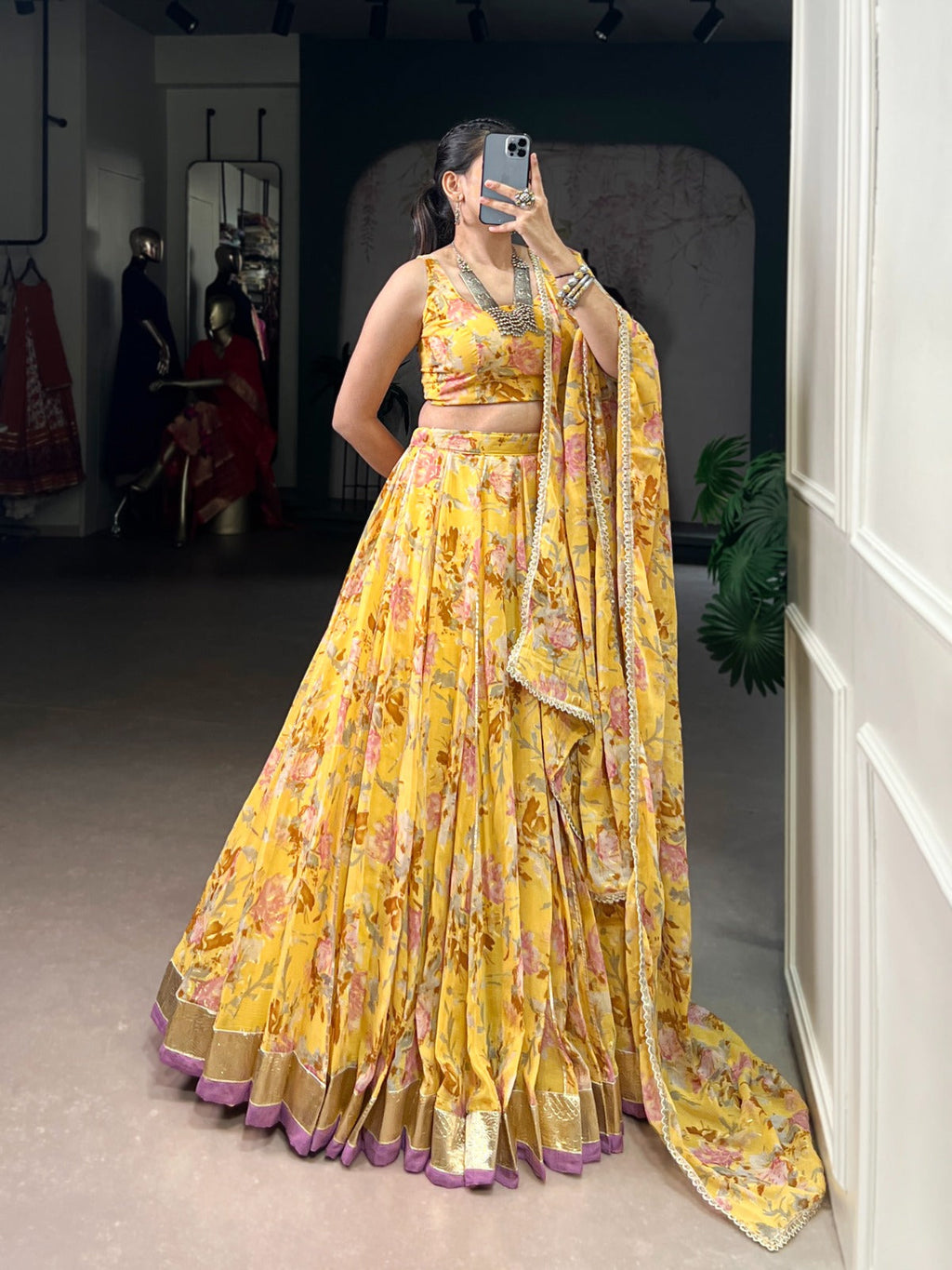 Lorenvalley Fashion Yellow Chiffon Floral Print and Foil Print with Embossed Design with Gotta Patti Lace Touch Up Lehenga Choli with Dupatta